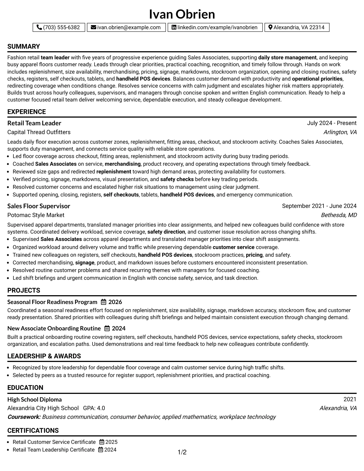 Resume Example Page 1