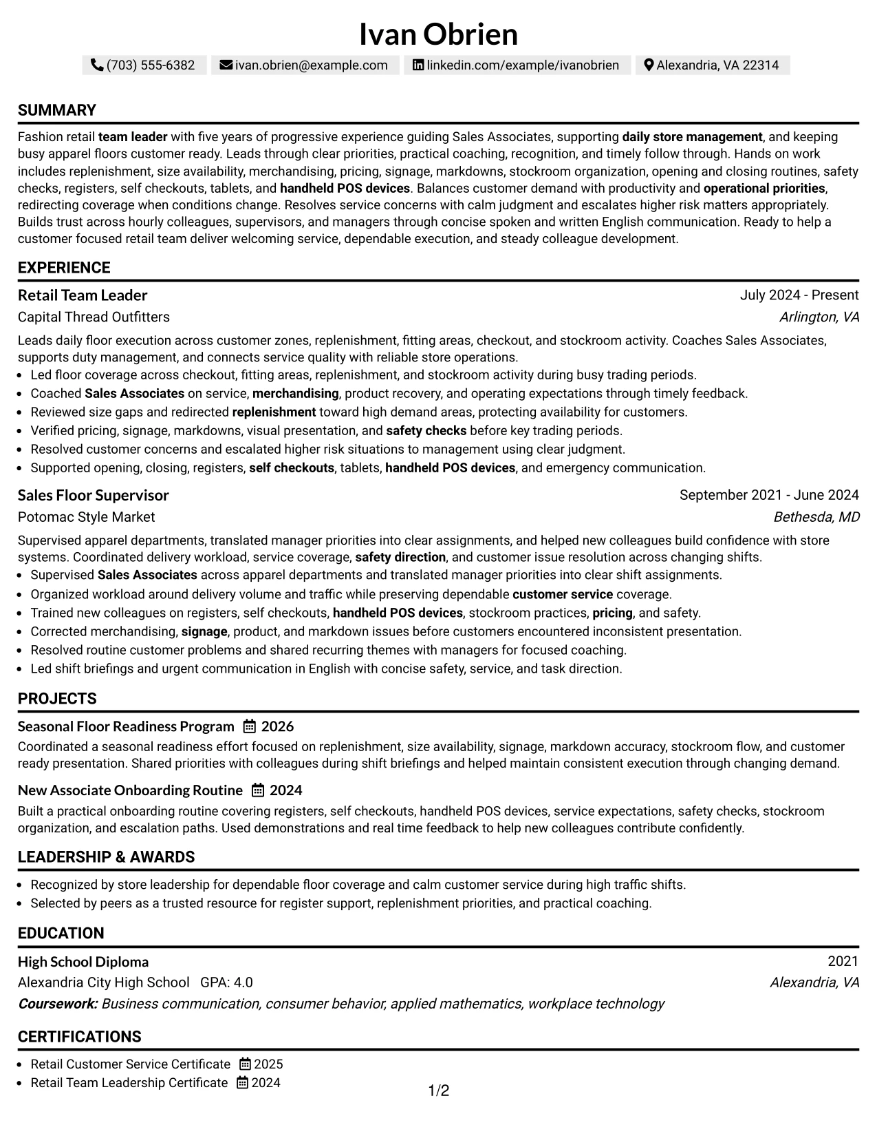 Resume Example Page 1