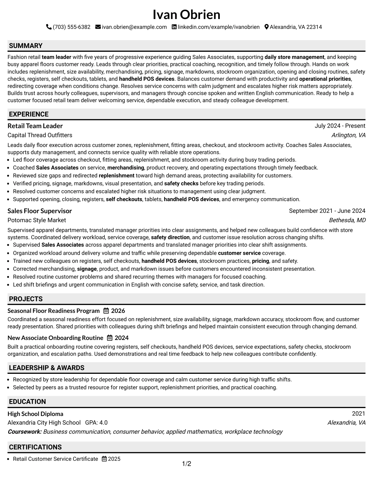 Resume Example Page 1