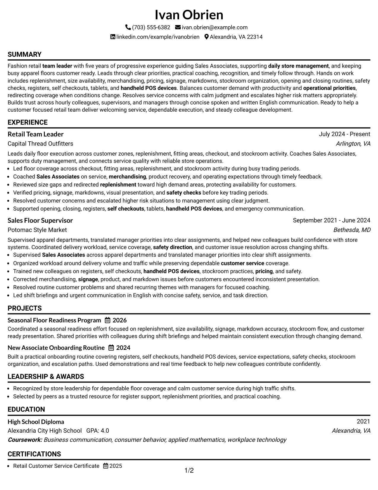 Resume Example Page 1
