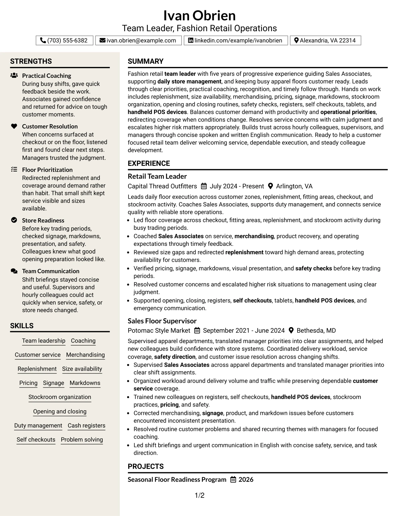 Resume Example Page 1
