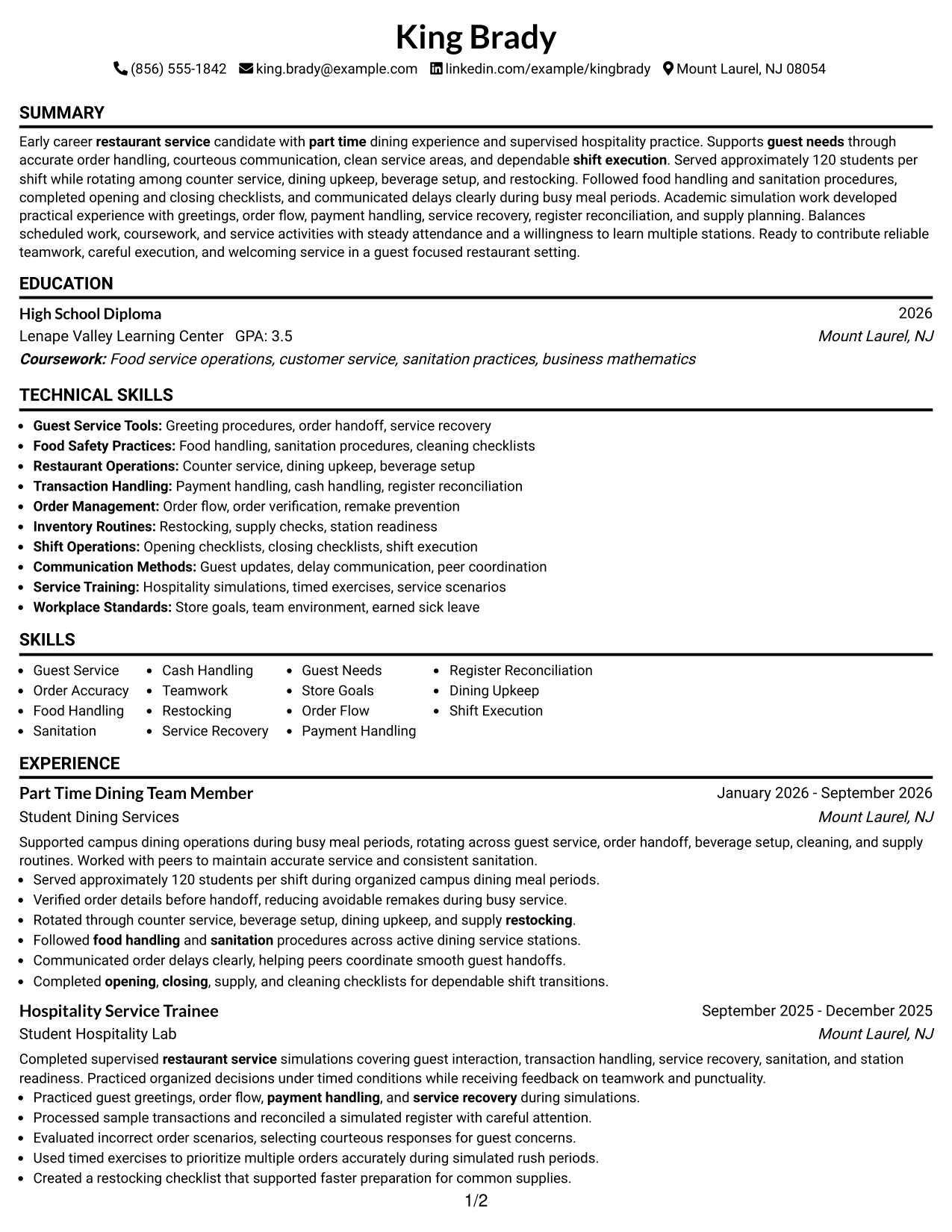 Resume Example Page 1