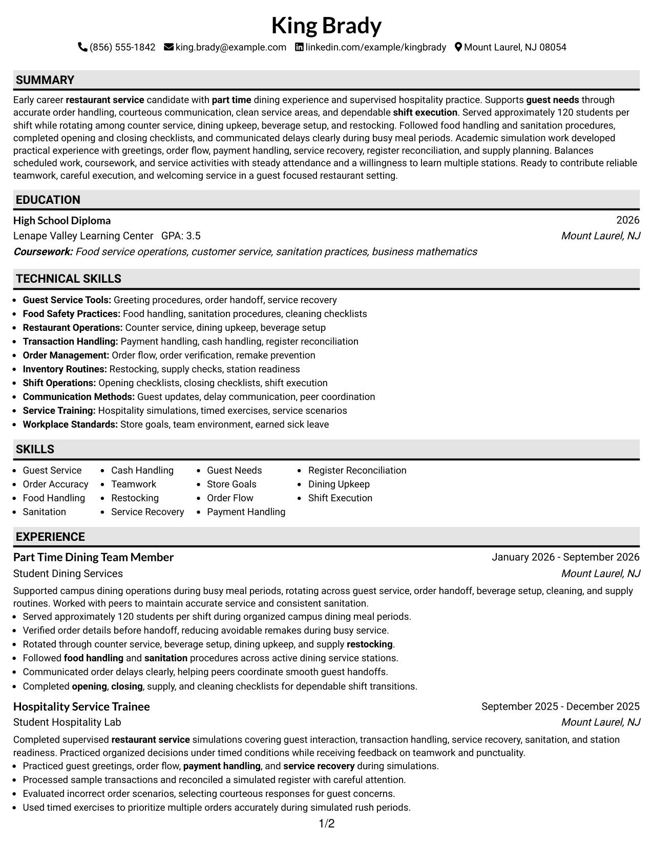 Resume Example Page 1