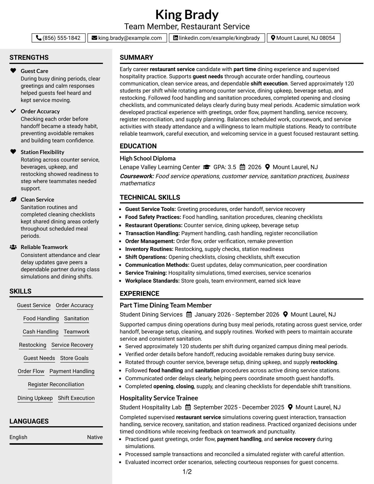 Resume Example Page 1