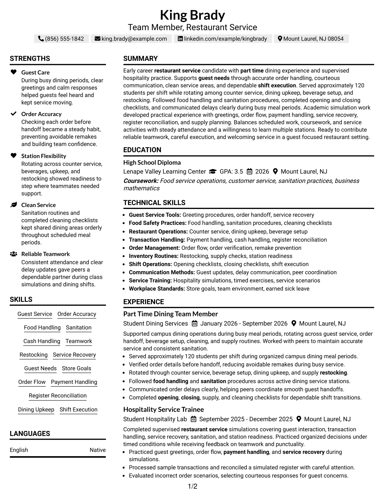 Resume Example Page 1