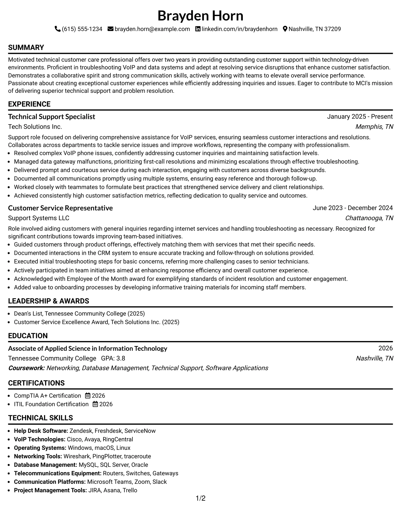 Resume Example Page 1