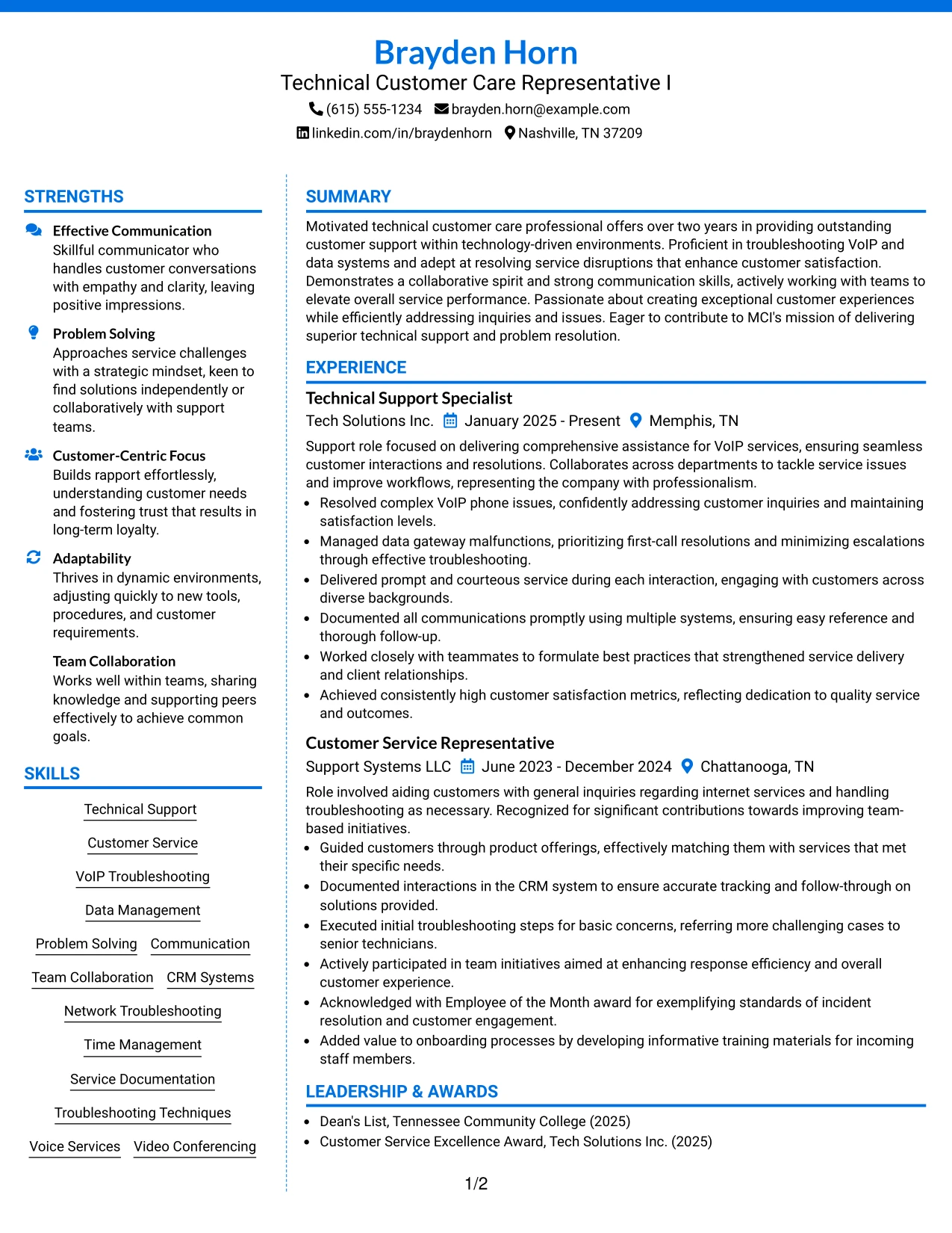 Resume Example Page 1