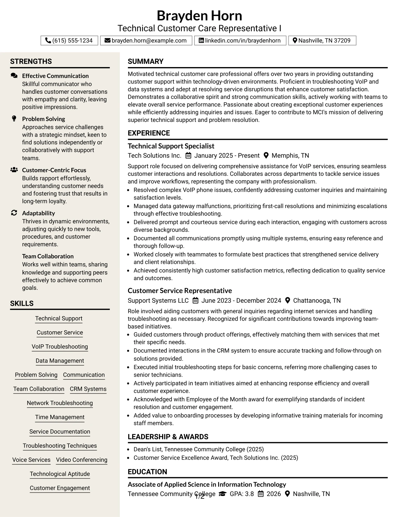 Resume Example Page 1