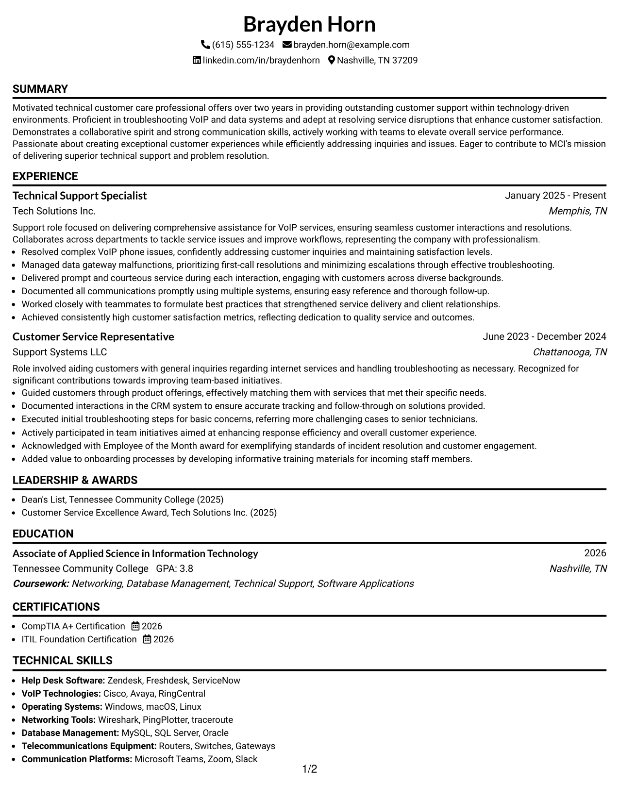 Resume Example Page 1