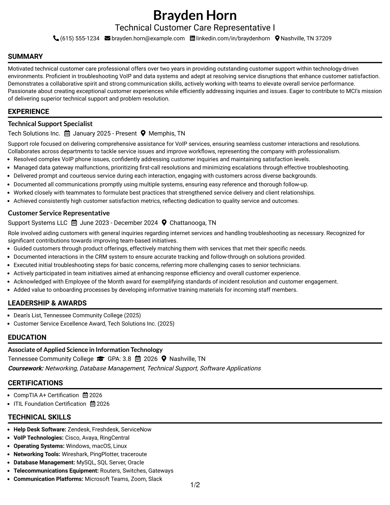 Resume Example Page 1