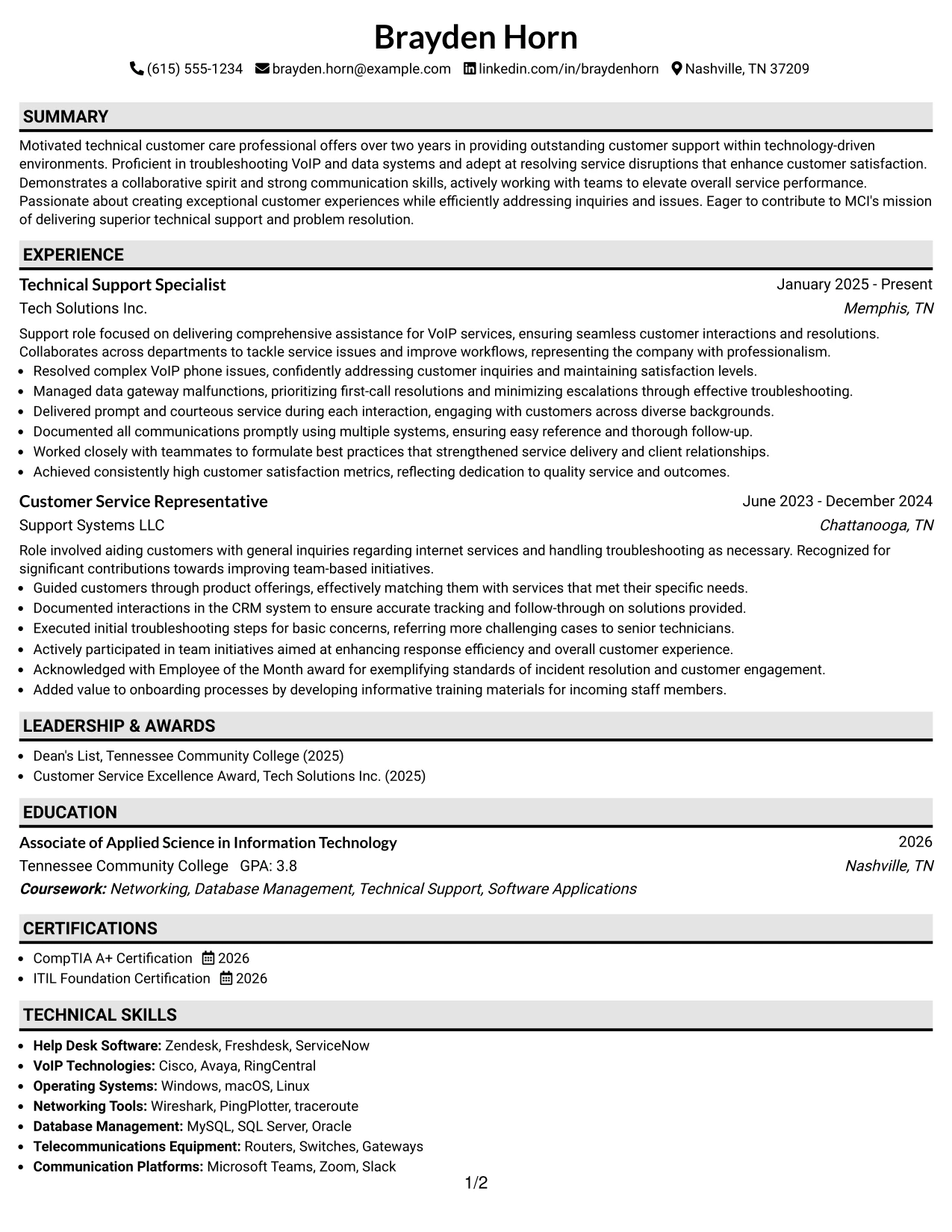 Resume Example Page 1