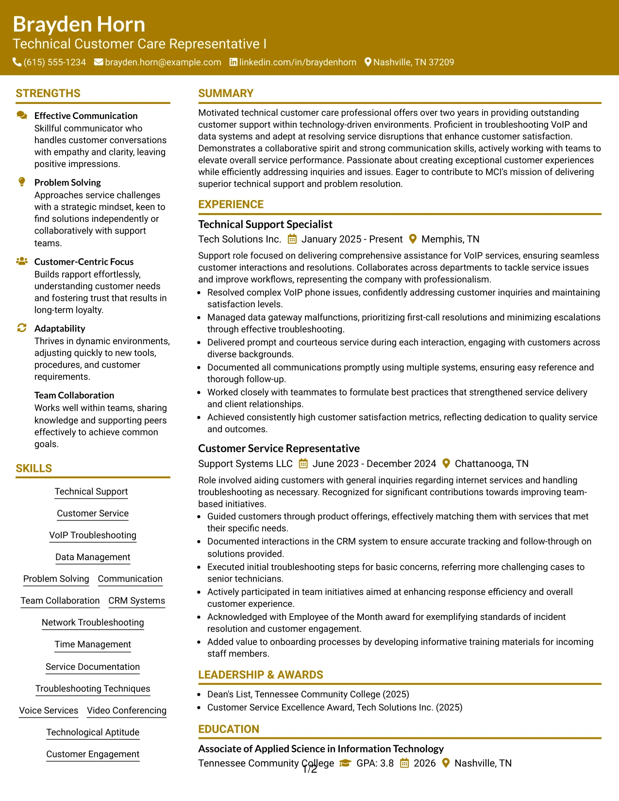Resume Example Page 1