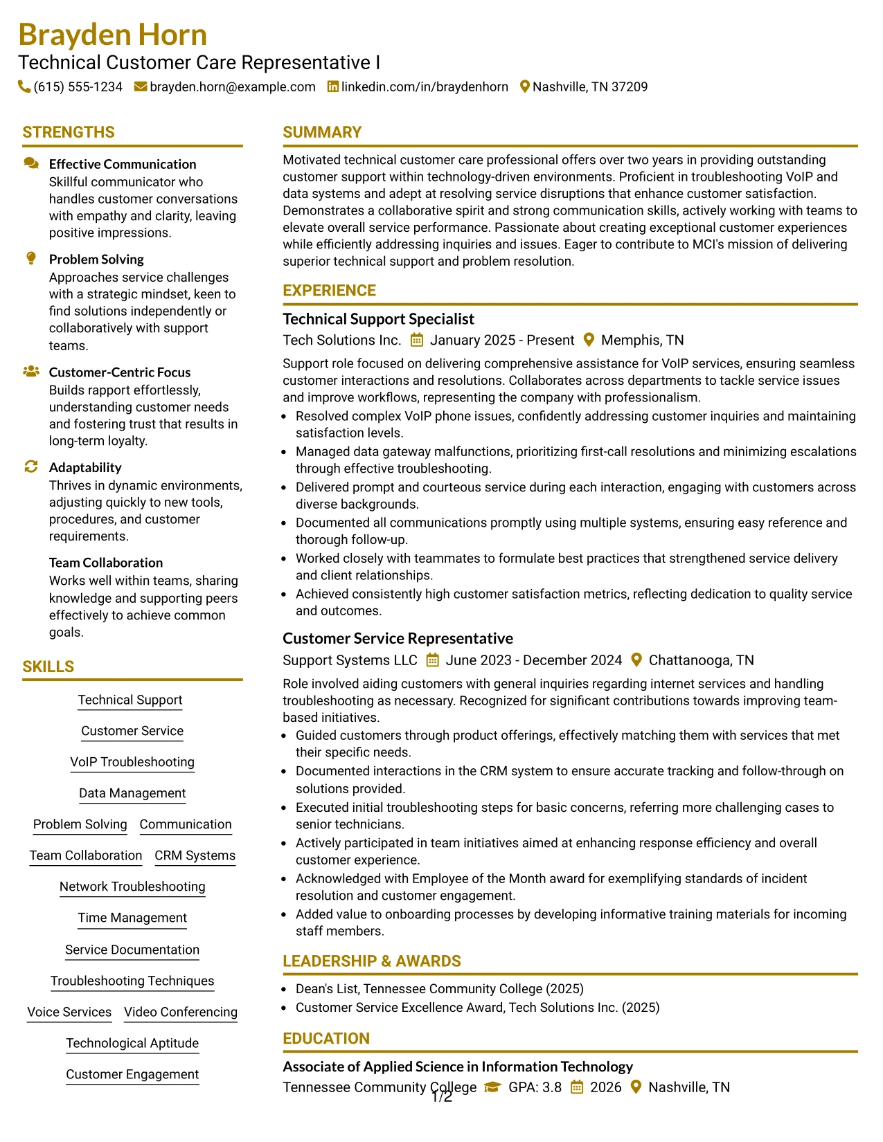 Resume Example Page 1