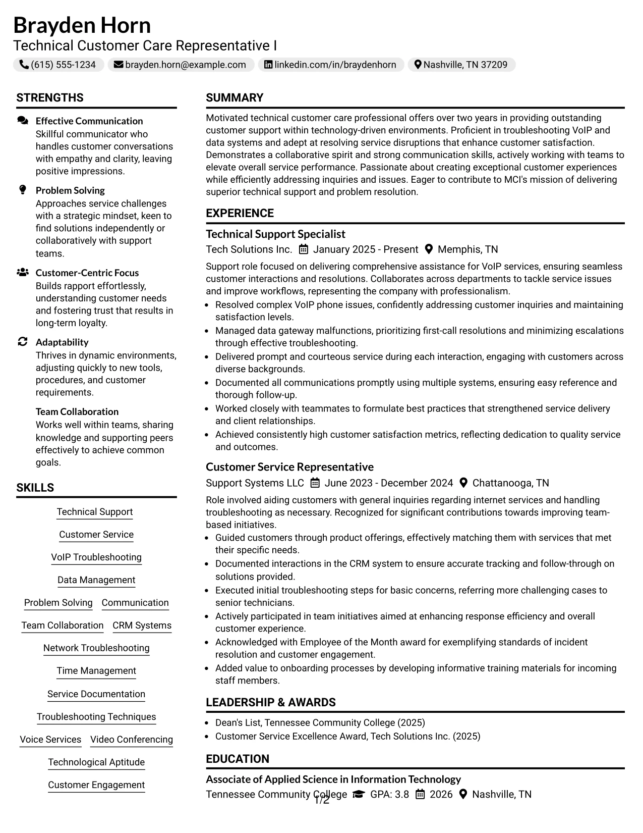 Resume Example Page 1