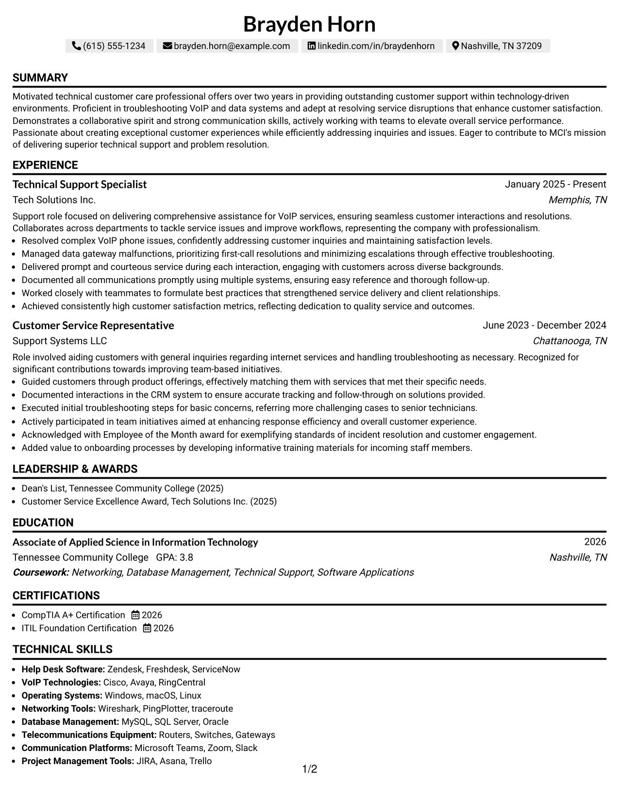 Resume Example Page 1