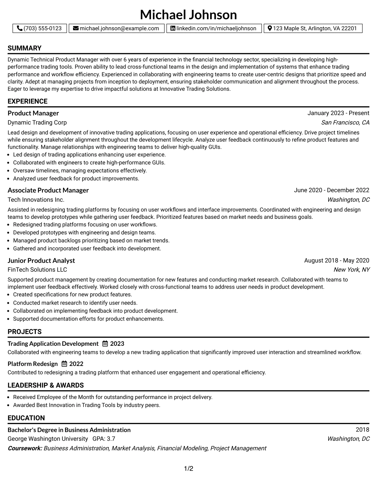 Resume Example Page 1