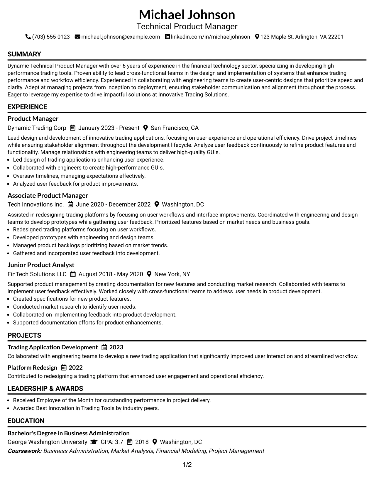 Resume Example Page 1