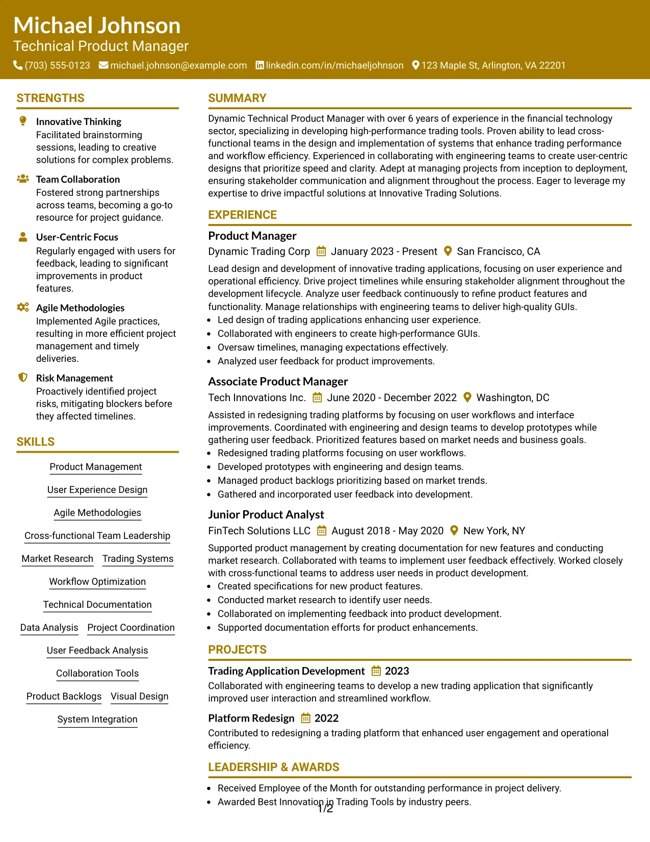 Resume Example Page 1