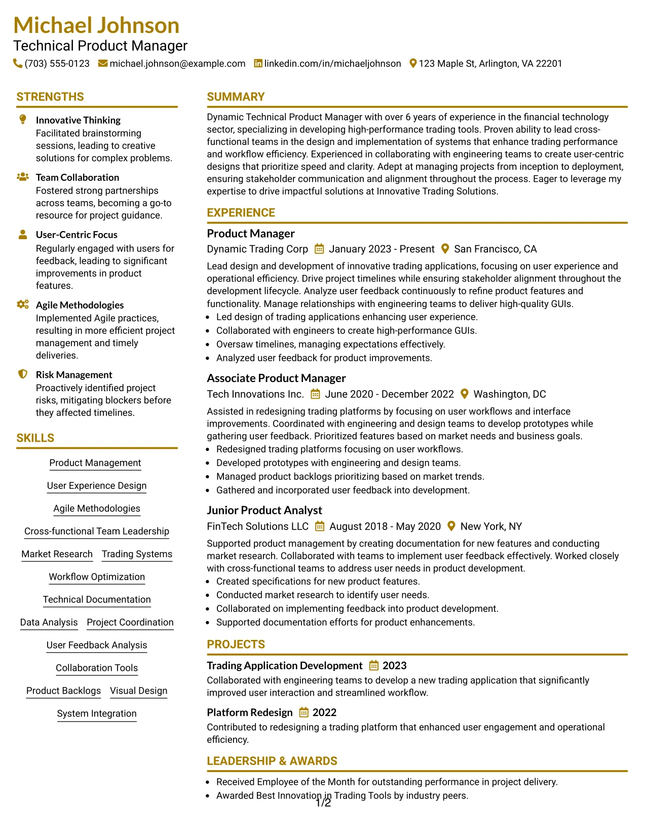 Resume Example Page 1