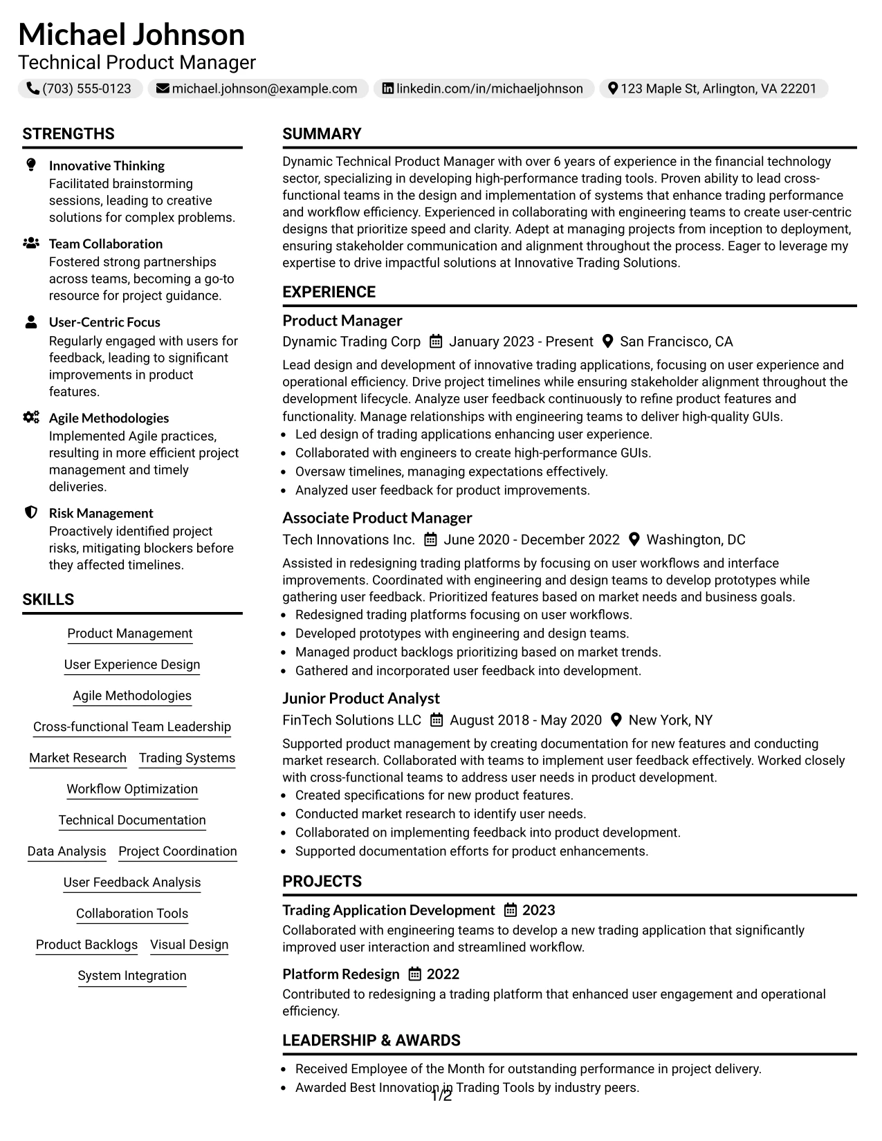 Resume Example Page 1