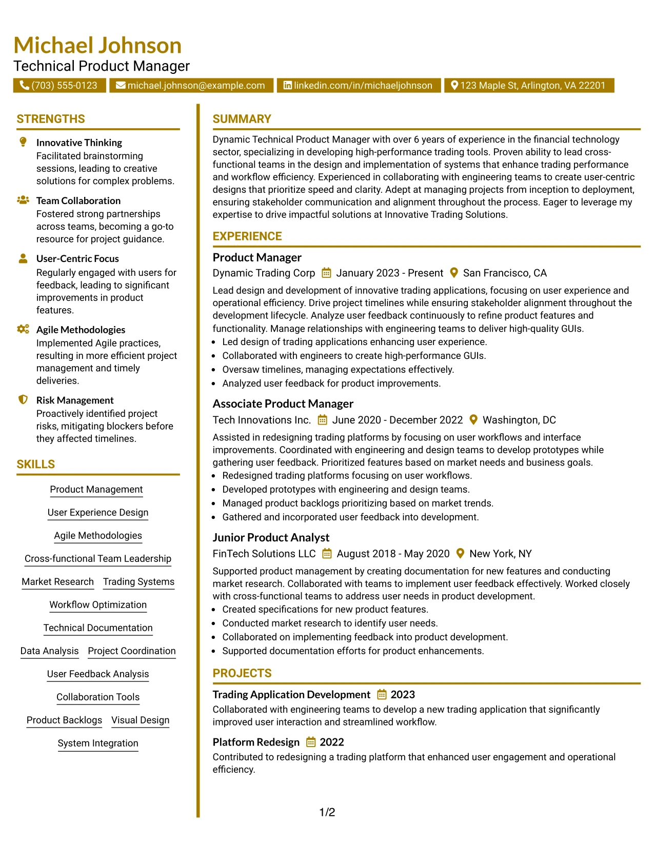 Resume Example Page 1