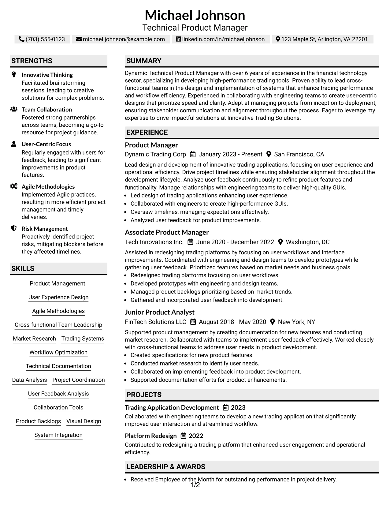Resume Example Page 1