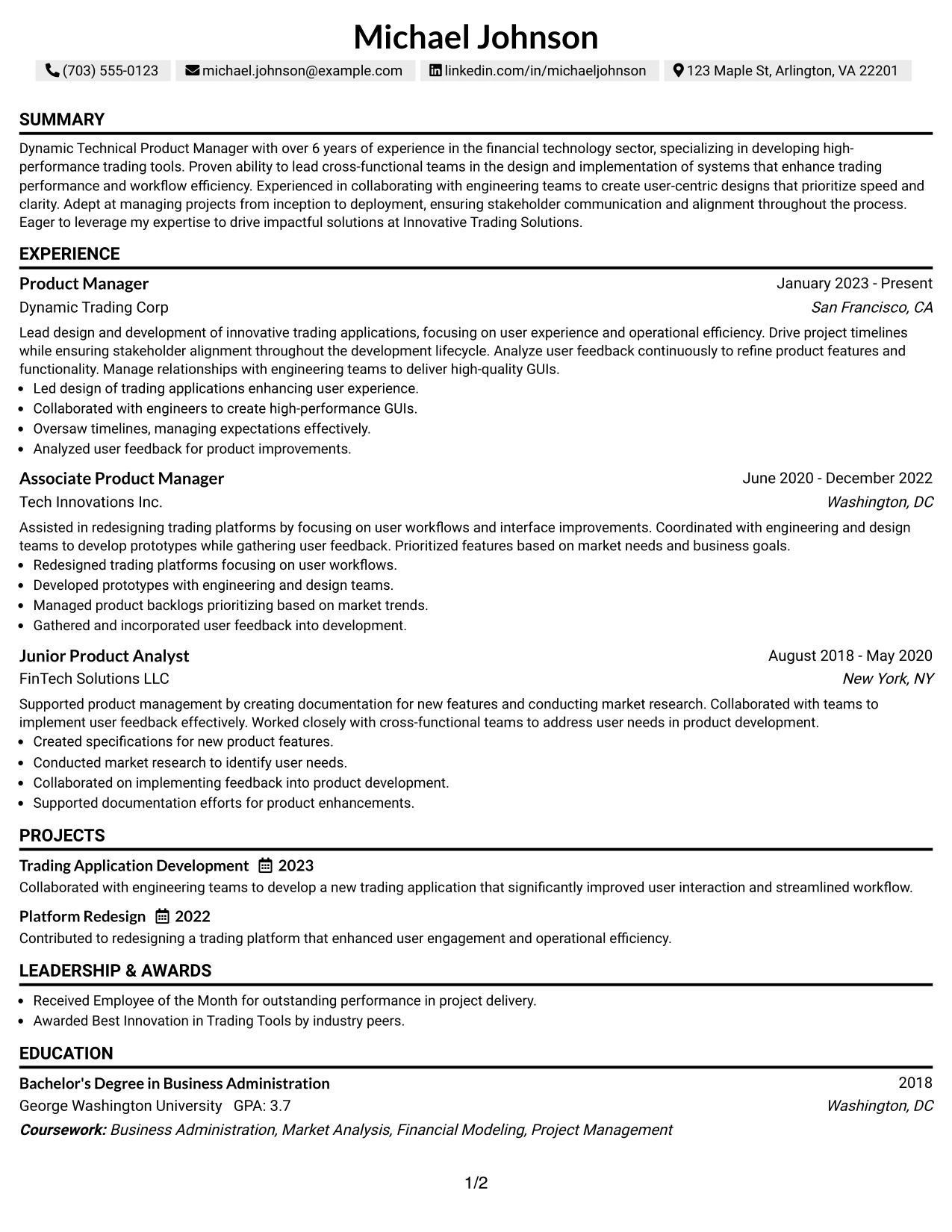 Resume Example Page 1