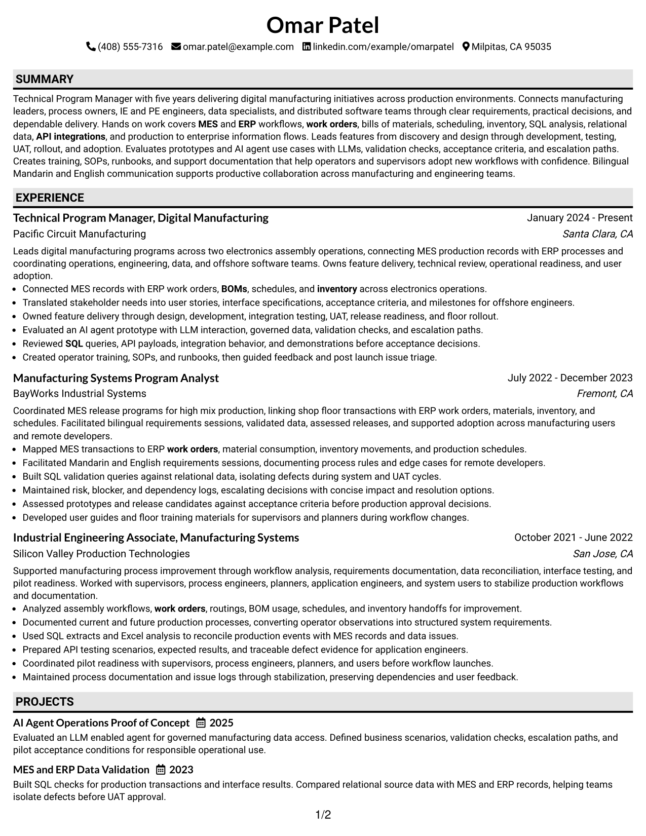 Resume Example Page 1