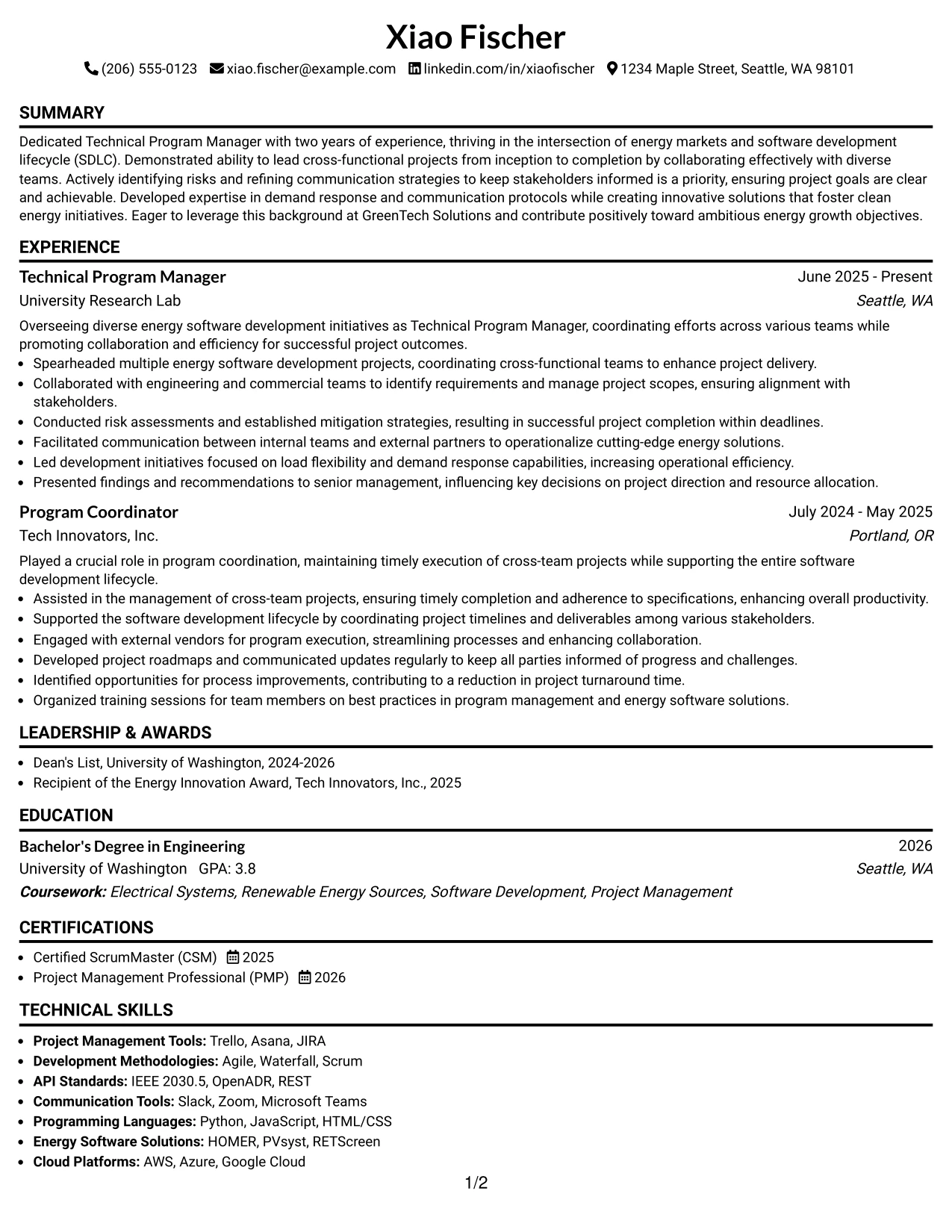 Resume Example Page 1