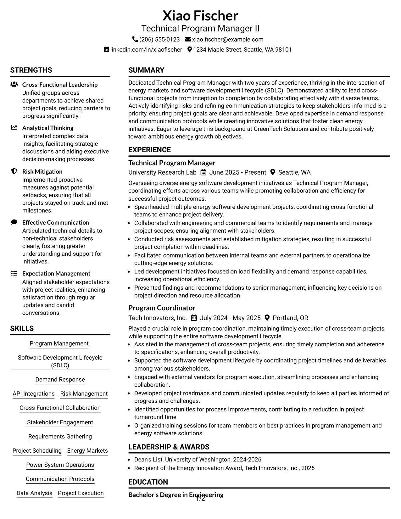 Resume Example Page 1