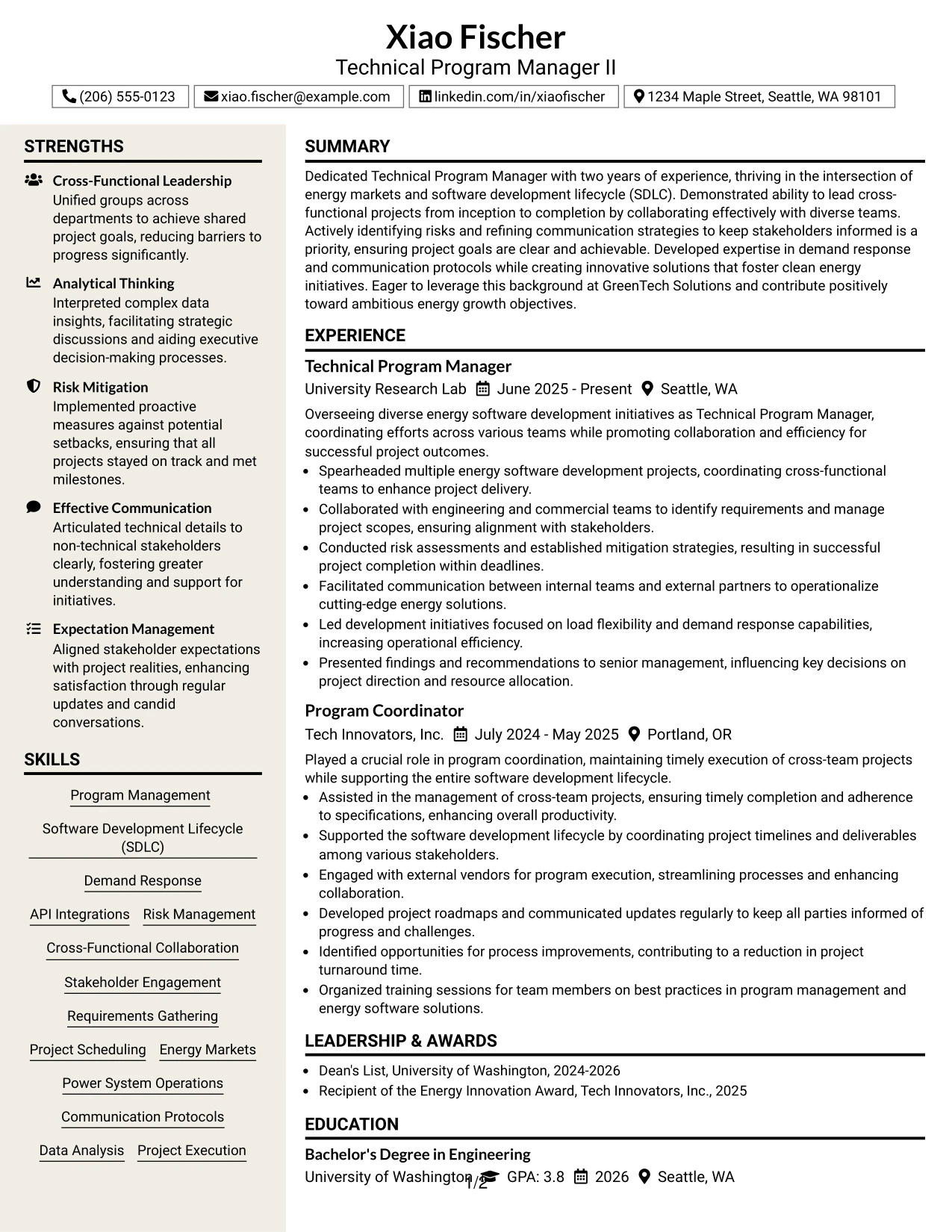 Resume Example Page 1