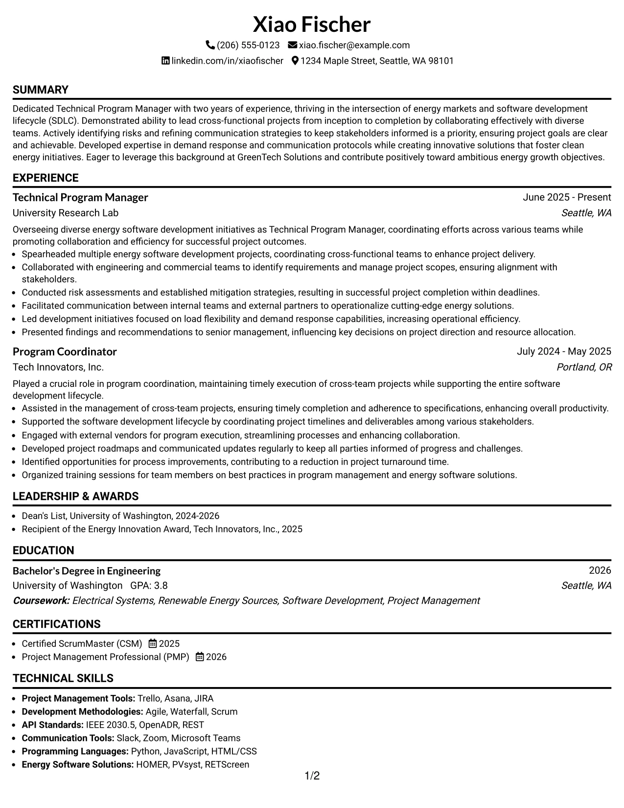 Resume Example Page 1