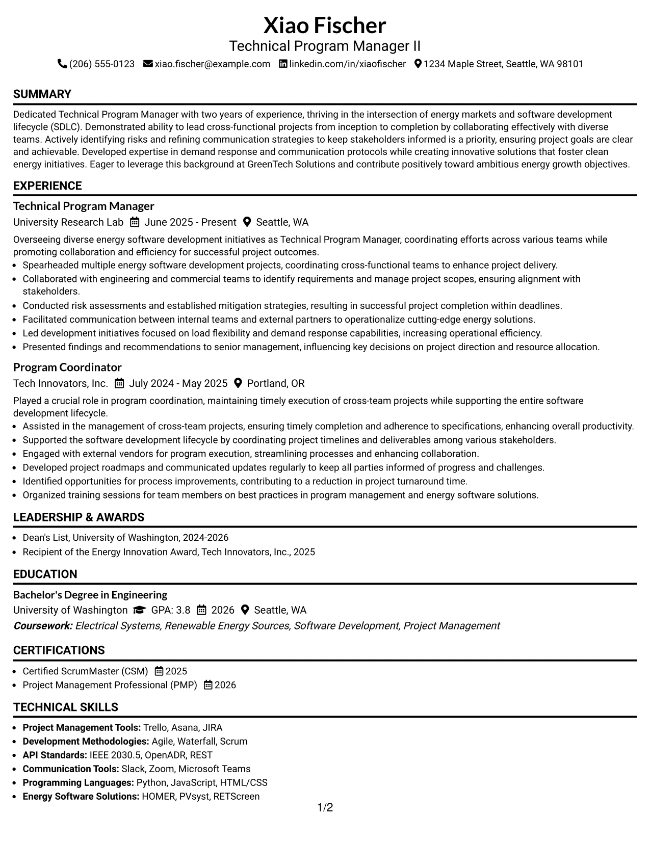 Resume Example Page 1