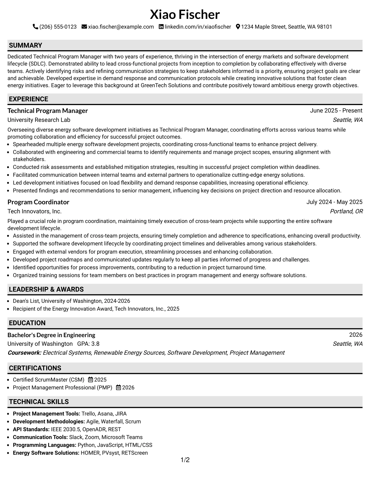 Resume Example Page 1