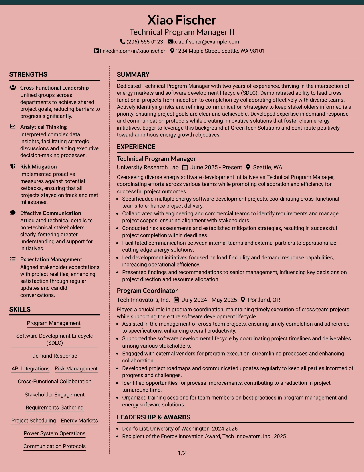 Resume Example Page 1