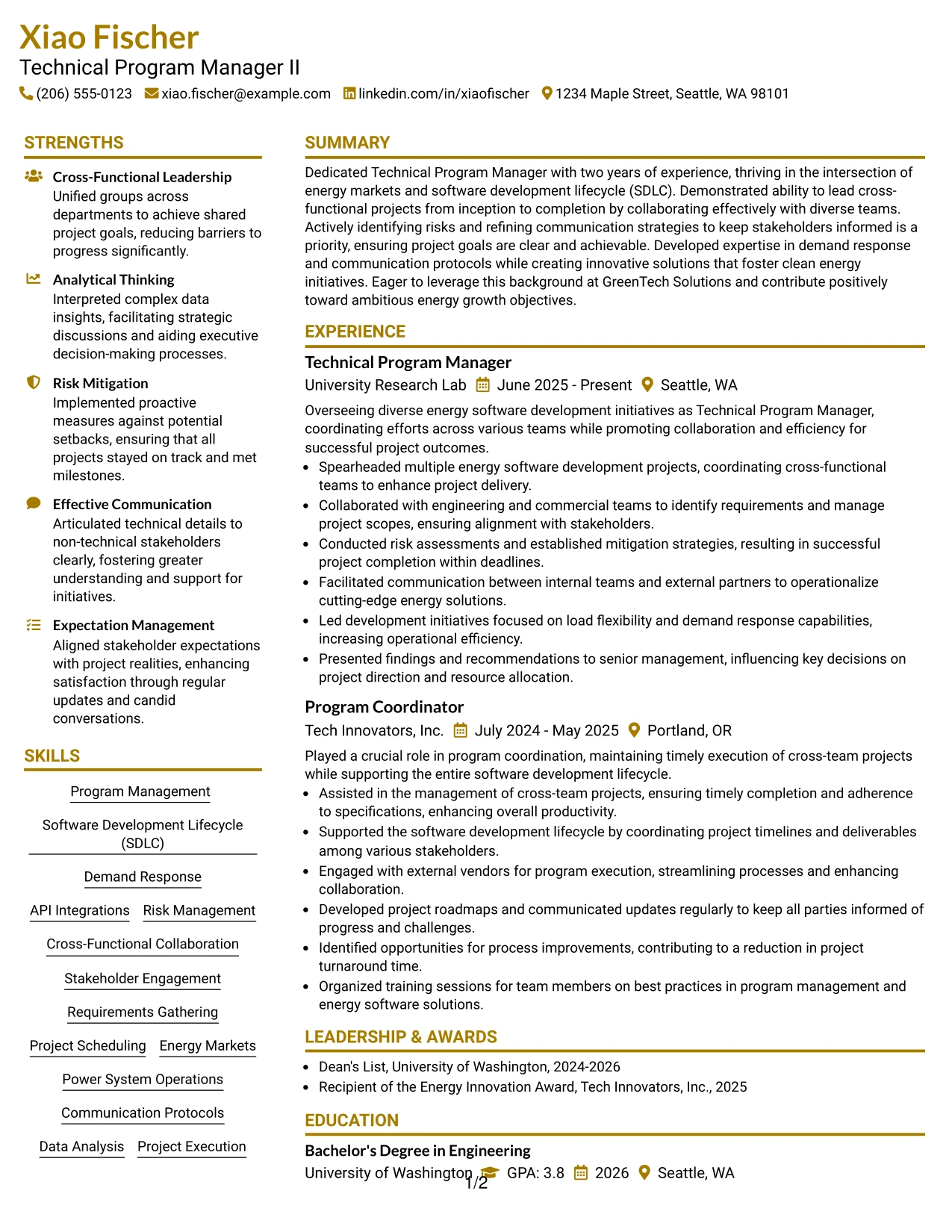 Resume Example Page 1