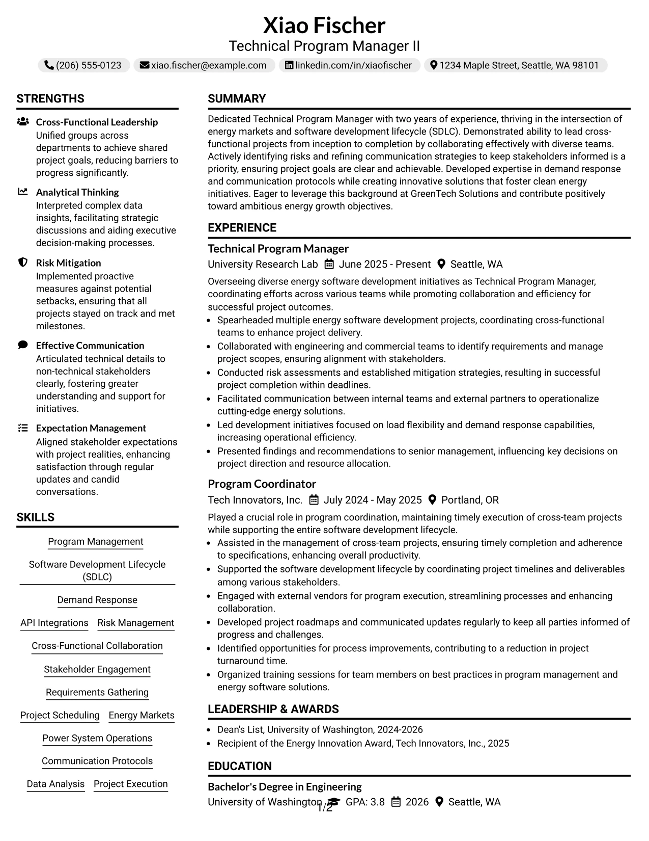 Resume Example Page 1