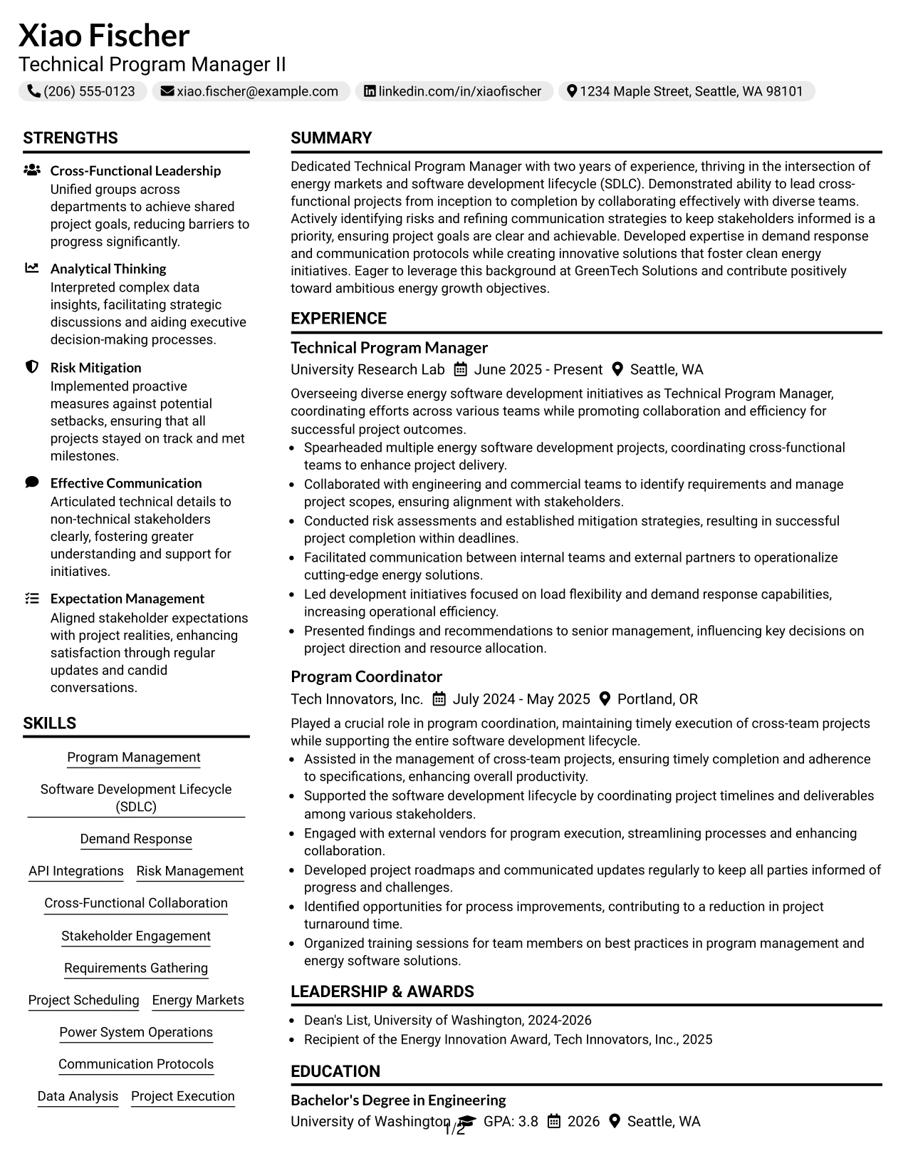 Resume Example Page 1