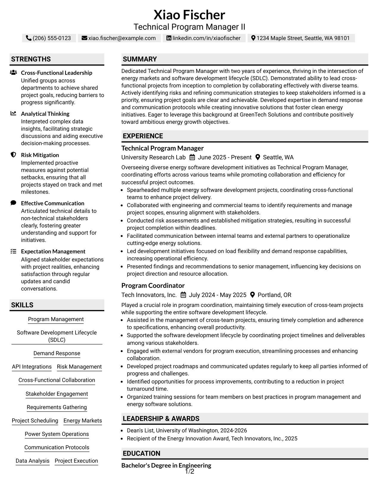 Resume Example Page 1