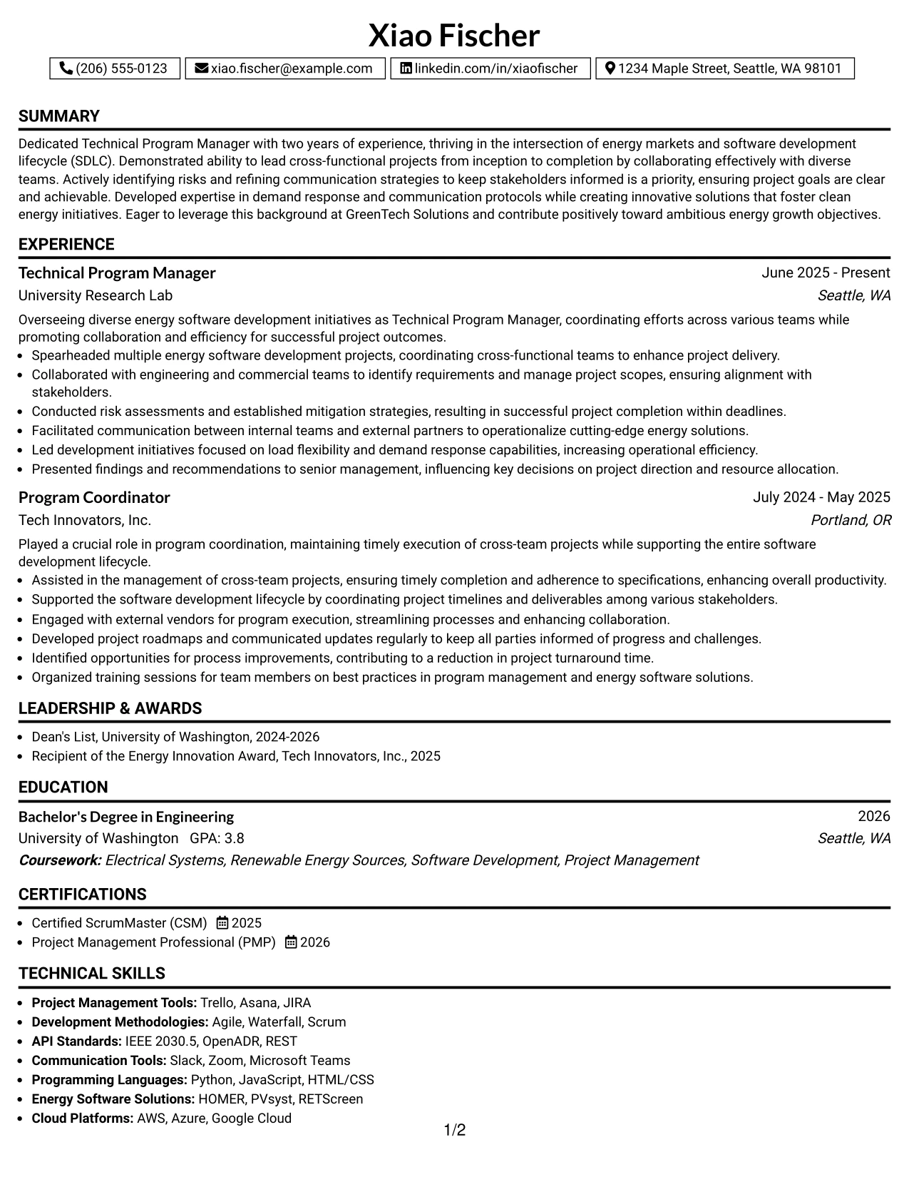 Resume Example Page 1