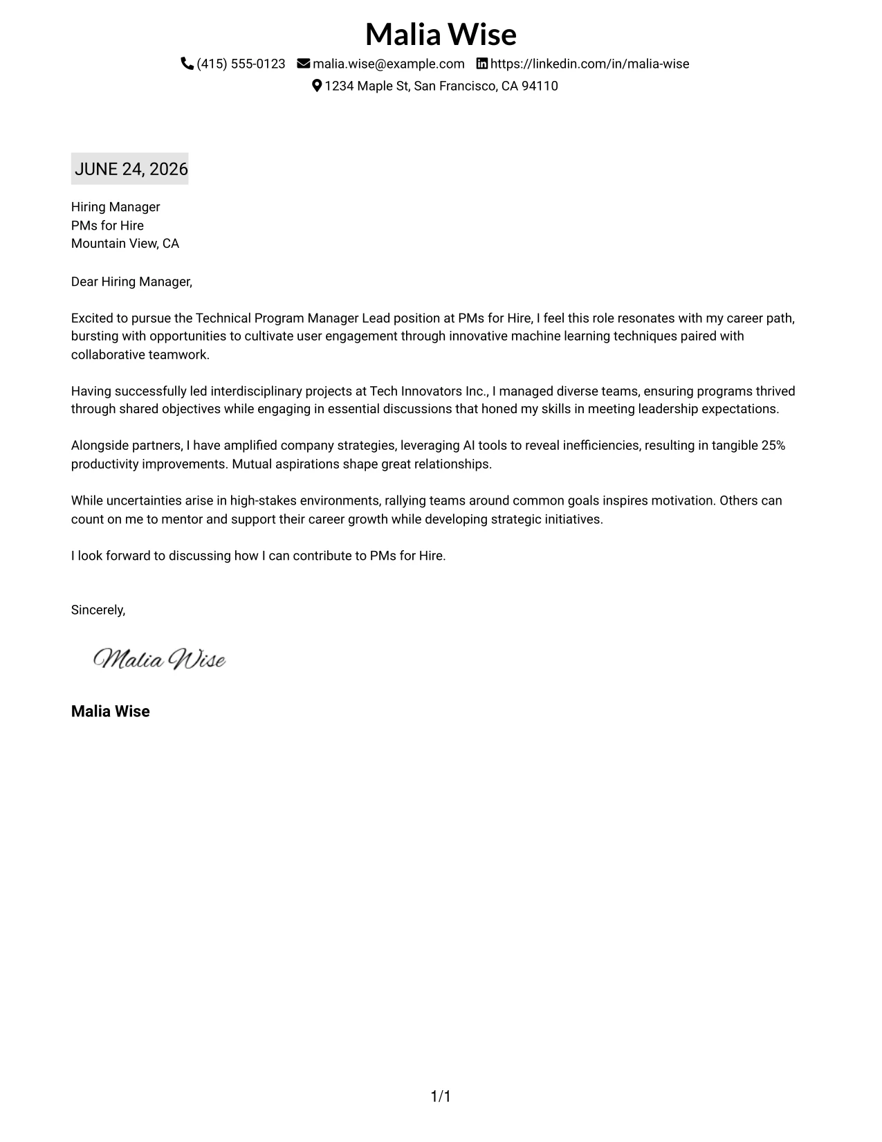 Resume Example Page 1