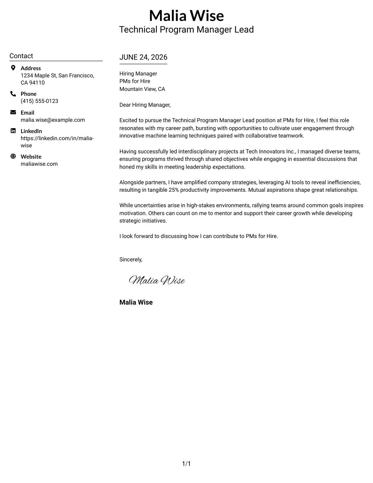 Resume Example Page 1