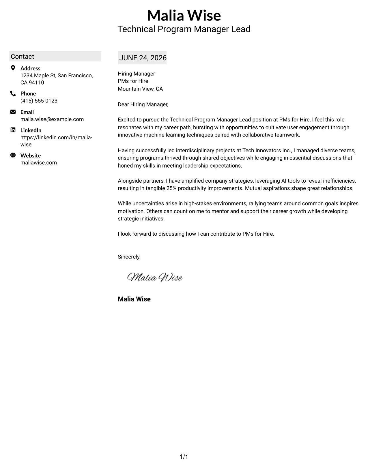 Resume Example Page 1
