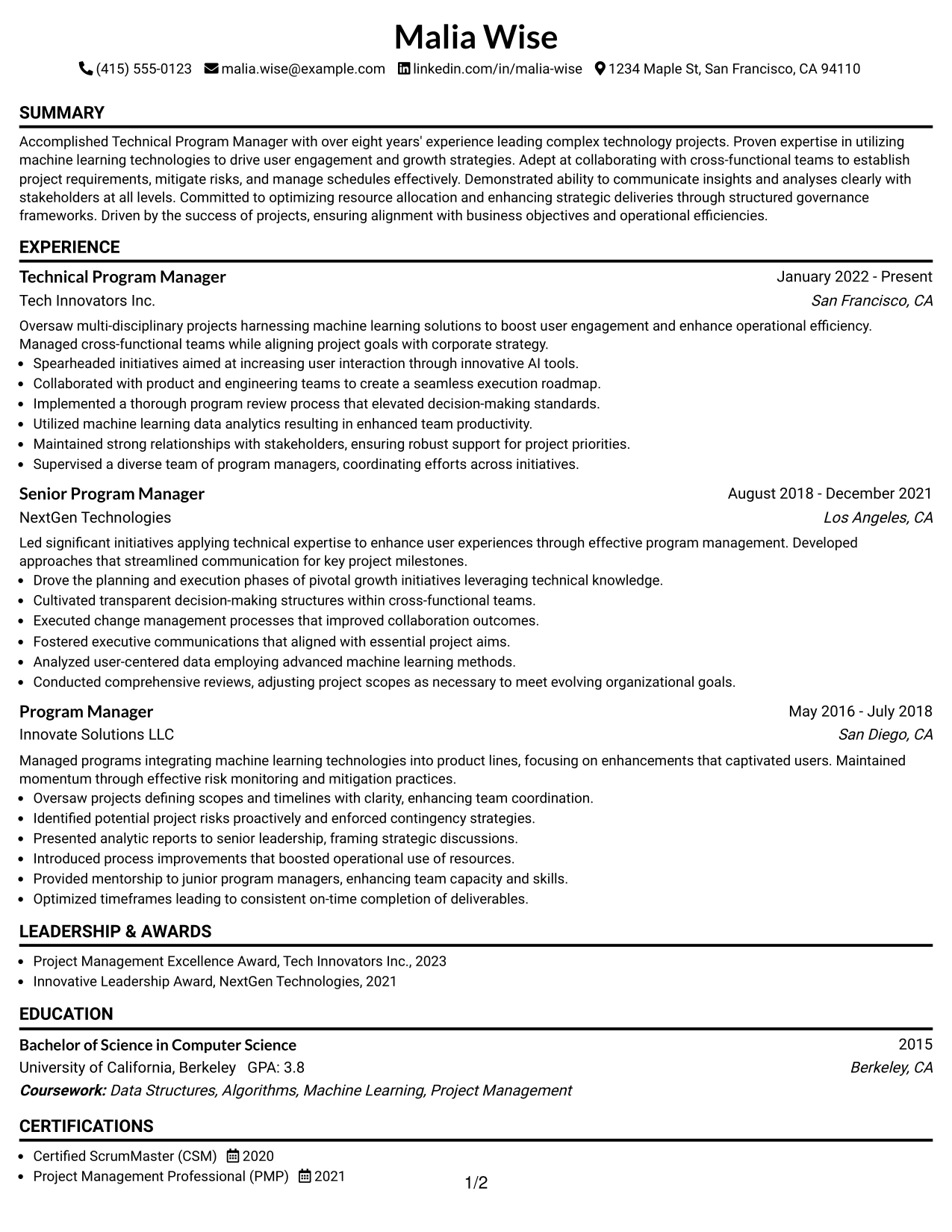 Resume Example Page 1