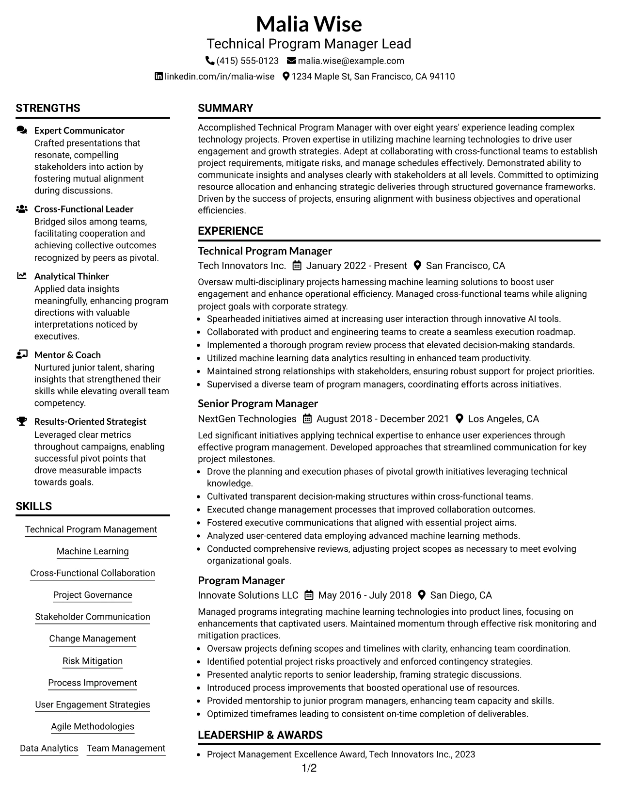 Resume Example Page 1