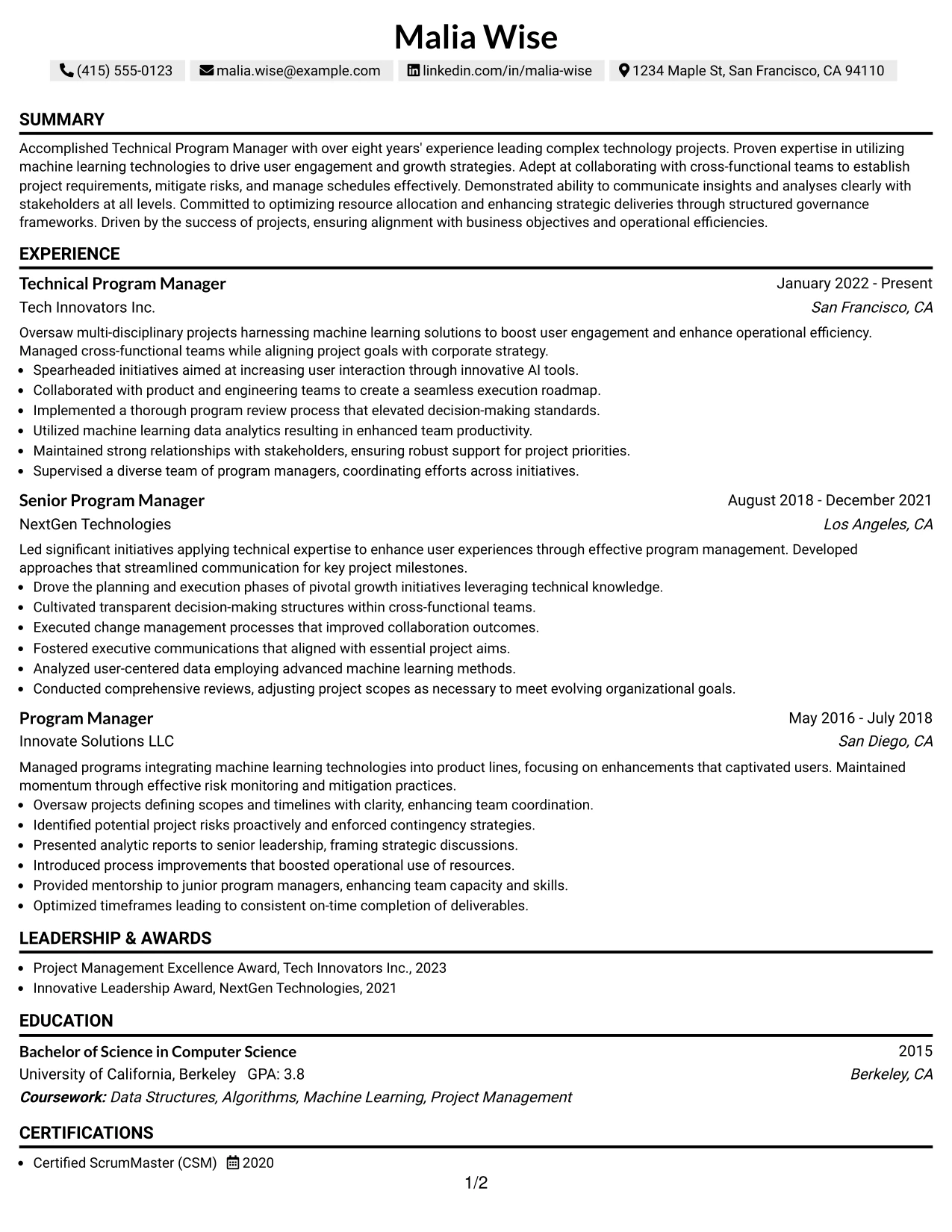 Resume Example Page 1