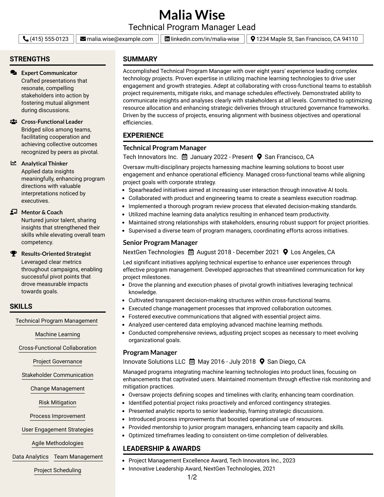 Resume Example Page 1