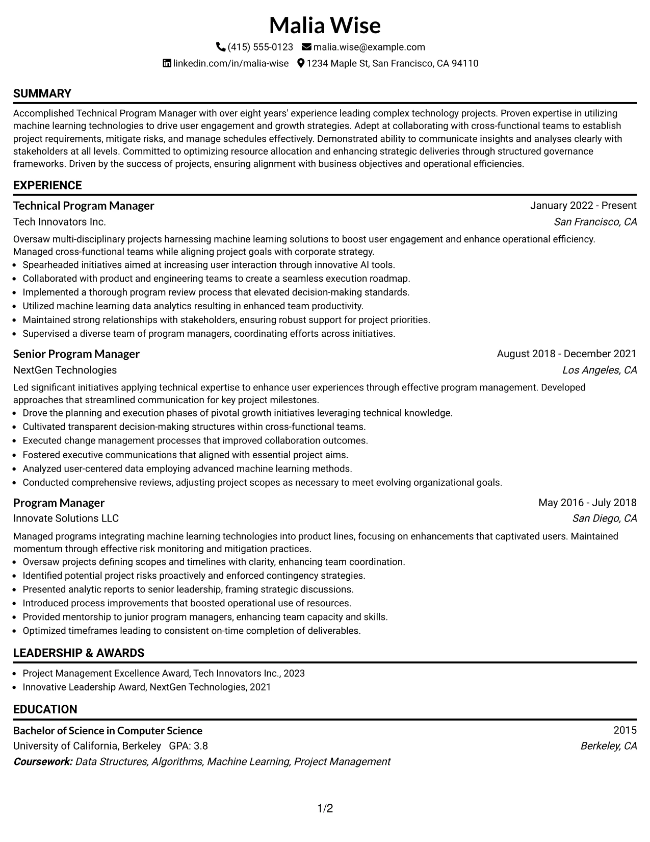 Resume Example Page 1