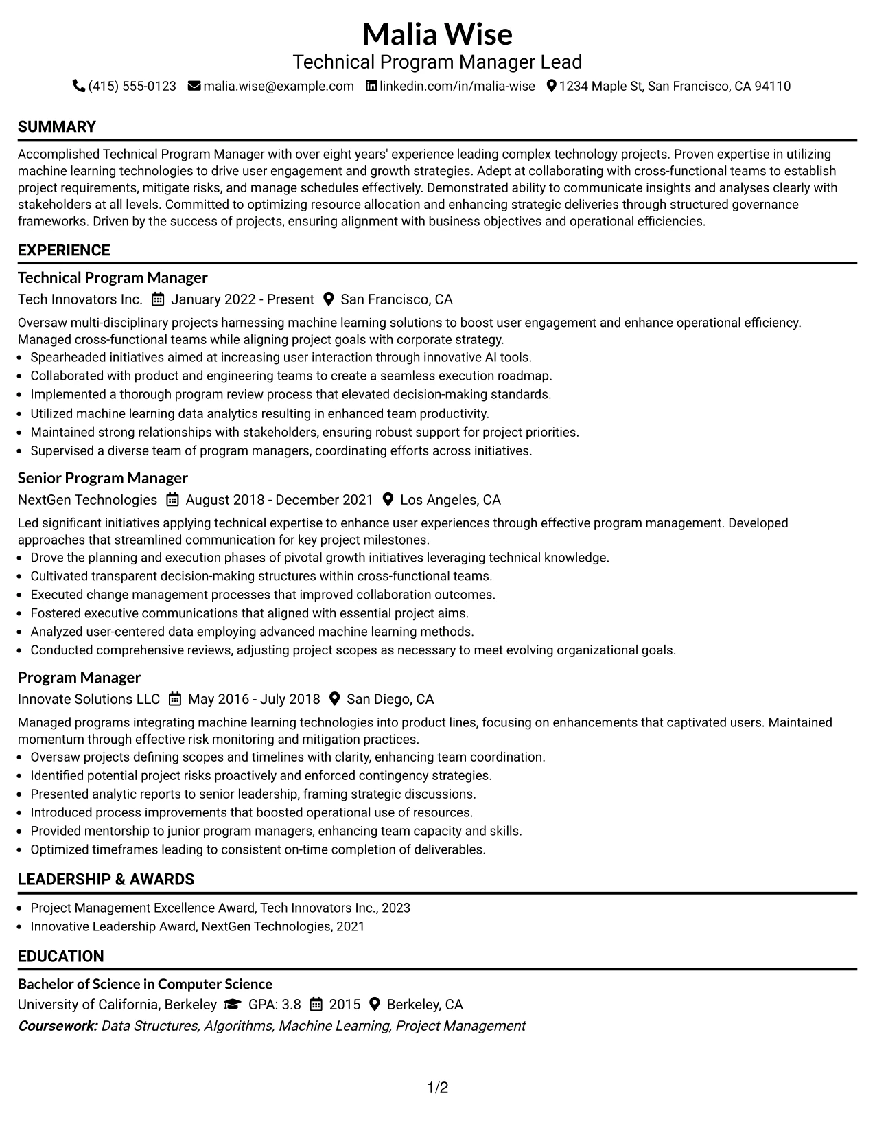Resume Example Page 1