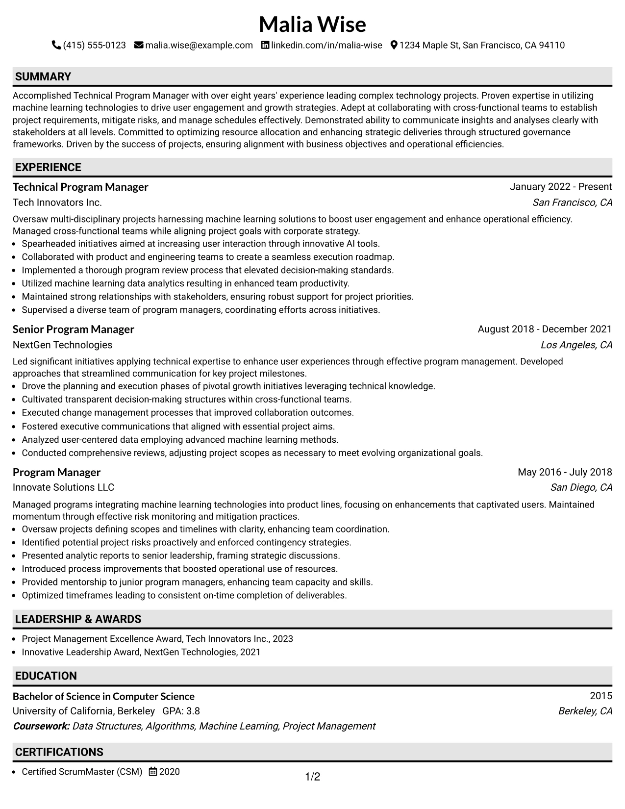 Resume Example Page 1